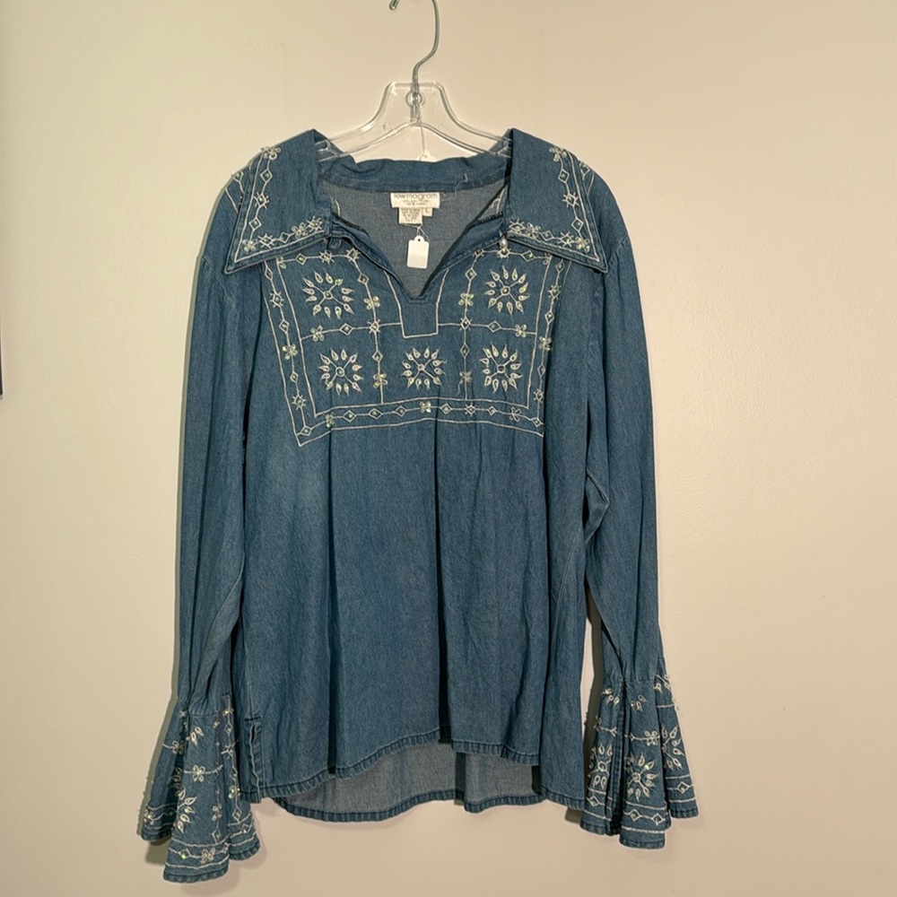 Denim Sequin Blouse with Bell Sleeves 90s / Y2K